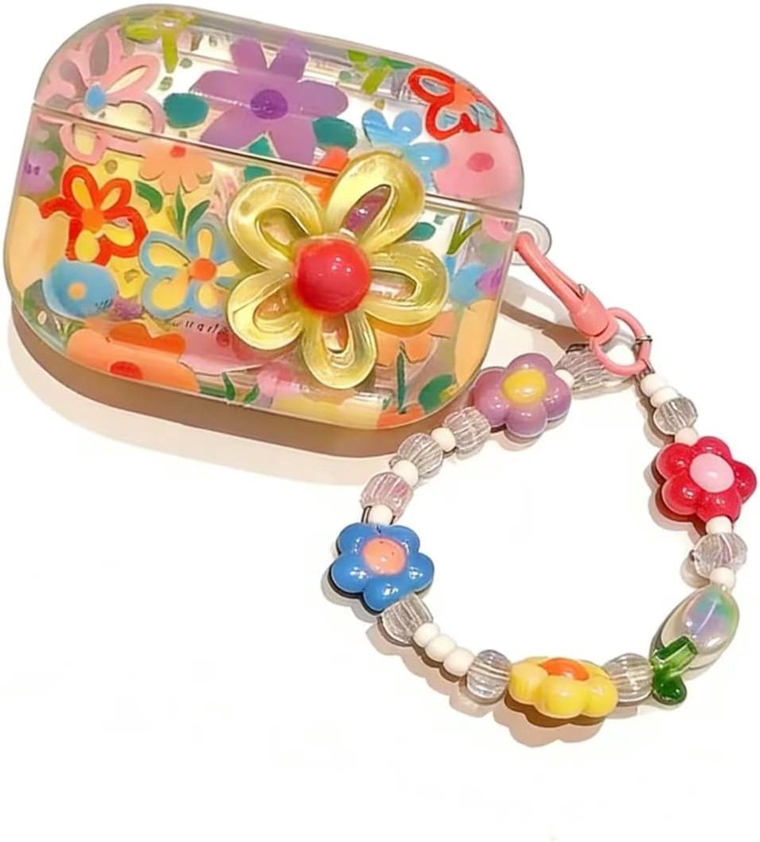 Claoner Een beschermhoesje voor AirPods 4 (model 2025) - transparant hoesje met sluiting - zacht TPU-materiaal - met sleutelring - 3D kleurrijke bloemen - roze