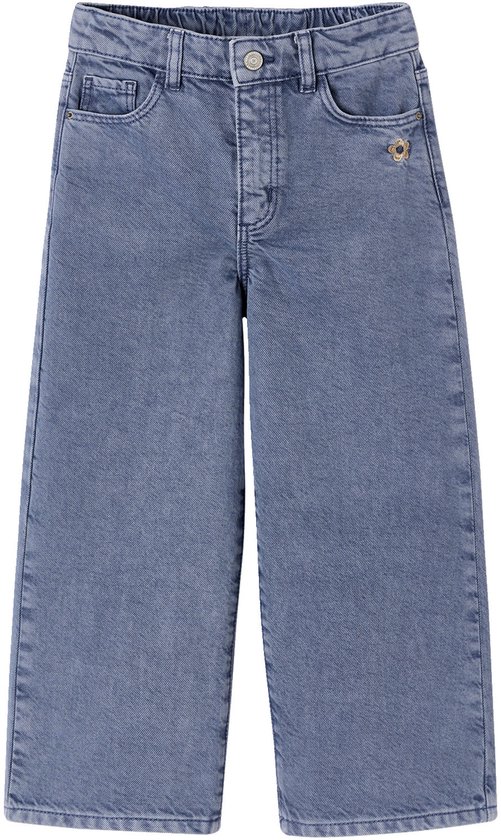 Blauwe wijde spijkerbroek voor meisjes met geborduurde bloem op de zak.