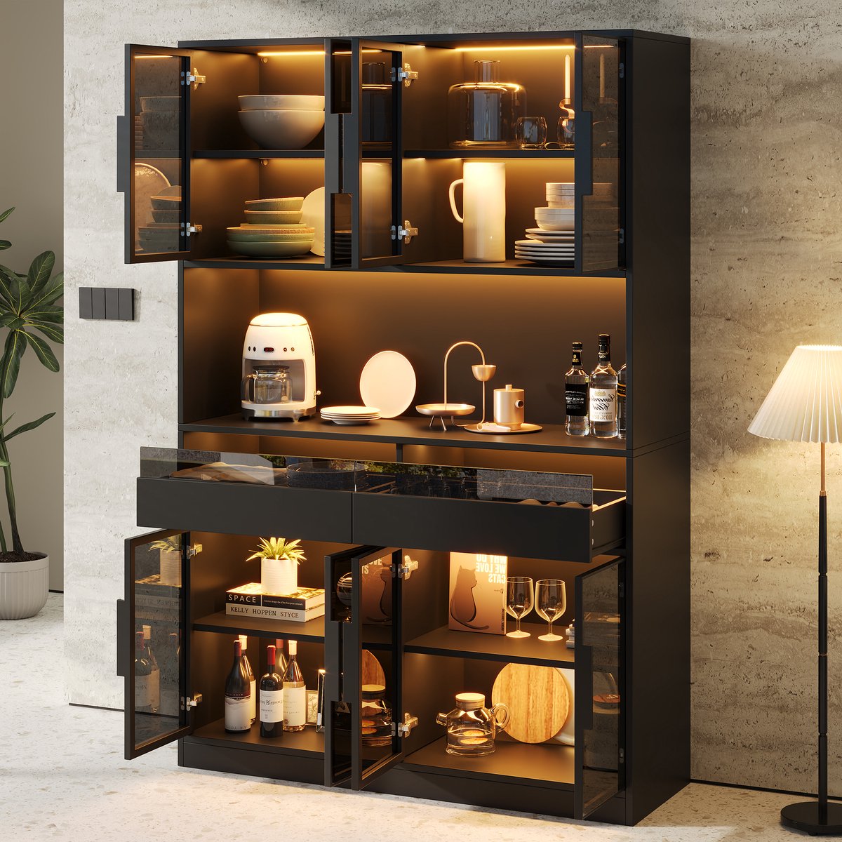 Vitrinekast Met Ledverlichting En 8 Deuren 2 Lades Open Vak Voor Woonkamer Keuken En Bar Zwart Mdf En Gehard Glas 120 X 40 X 180 Cm