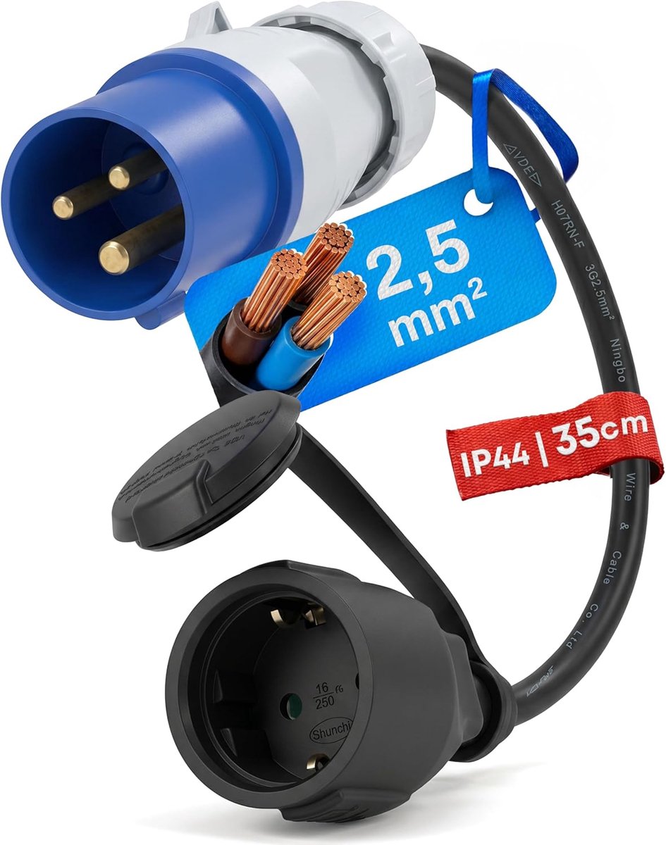 CEE Adapter, CEE Plug to Schuko Coupler, 35 cm Camping Power Cable, IP44 Camping Extension Cable, H07RN-F 3G2.5 - ShopVlot