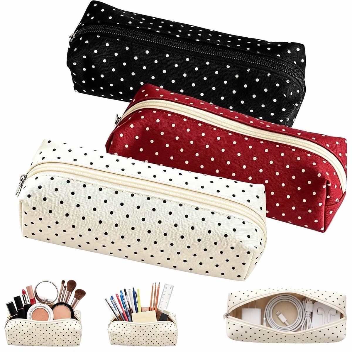 Namajunas - Canvas Polka Dot etui - 3 stuks - Schattige stippen pennenzak - Jongens en Meisjes - Opbergtas voor schrijfwaren, oplaadkabels en make-up - Schoolstartcadeaus voor volwassenen en kinderen - Pennenetui