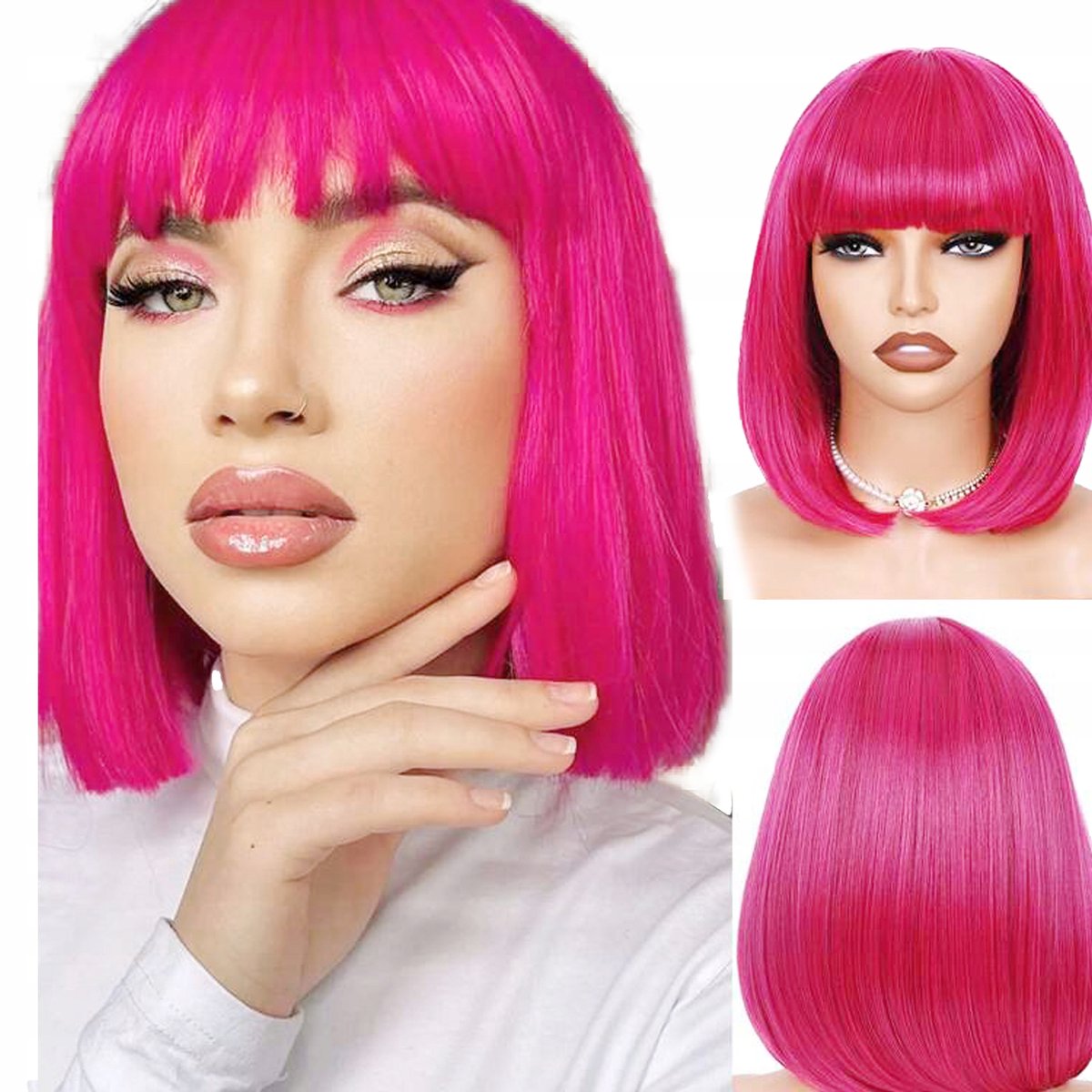 Korte Roze Synthetische Bob Pruik - Neon Roze Feestpruik