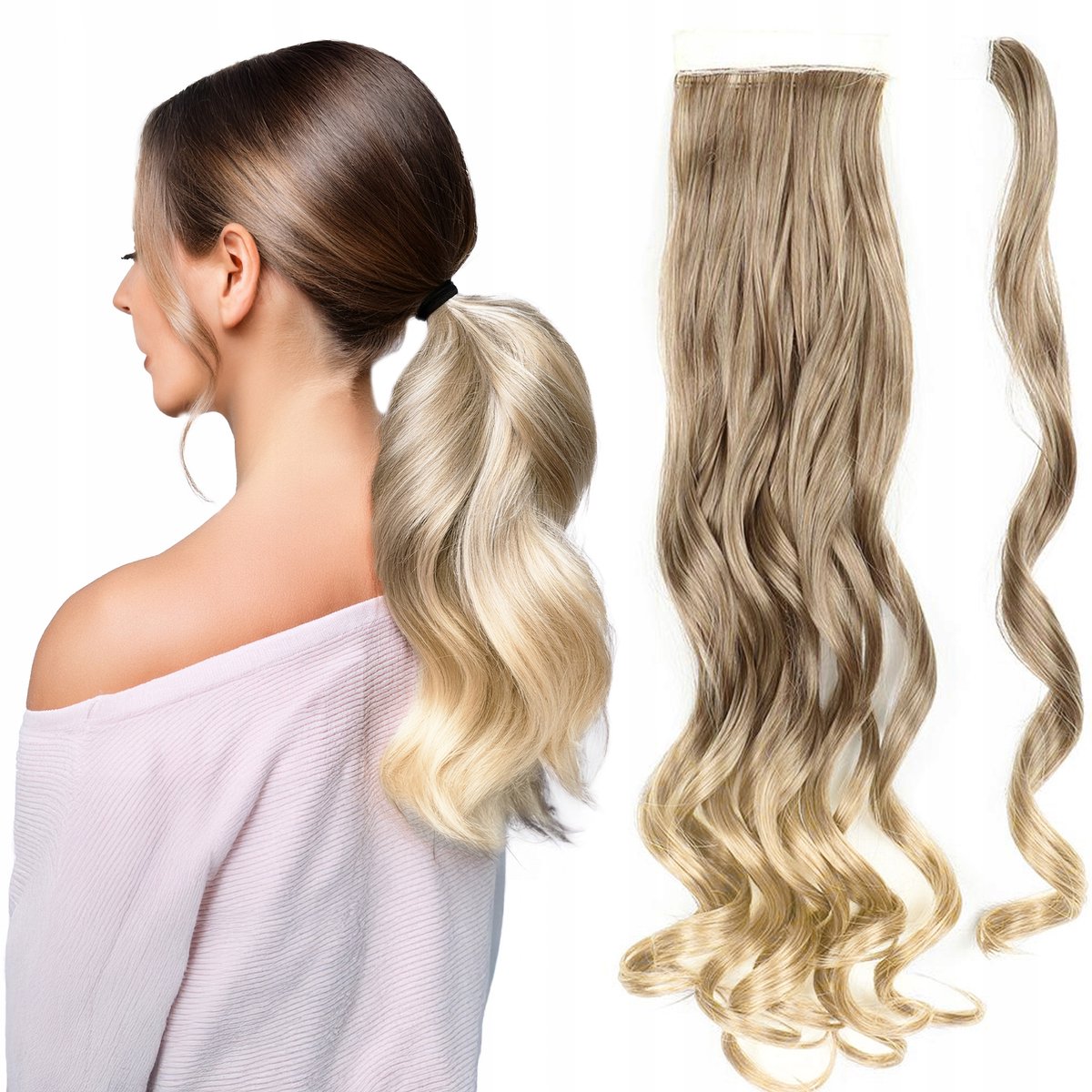 Merkloos Krullende Paardenstaart Clip-in Haarstuk - 60cm 140g Ombre Blond