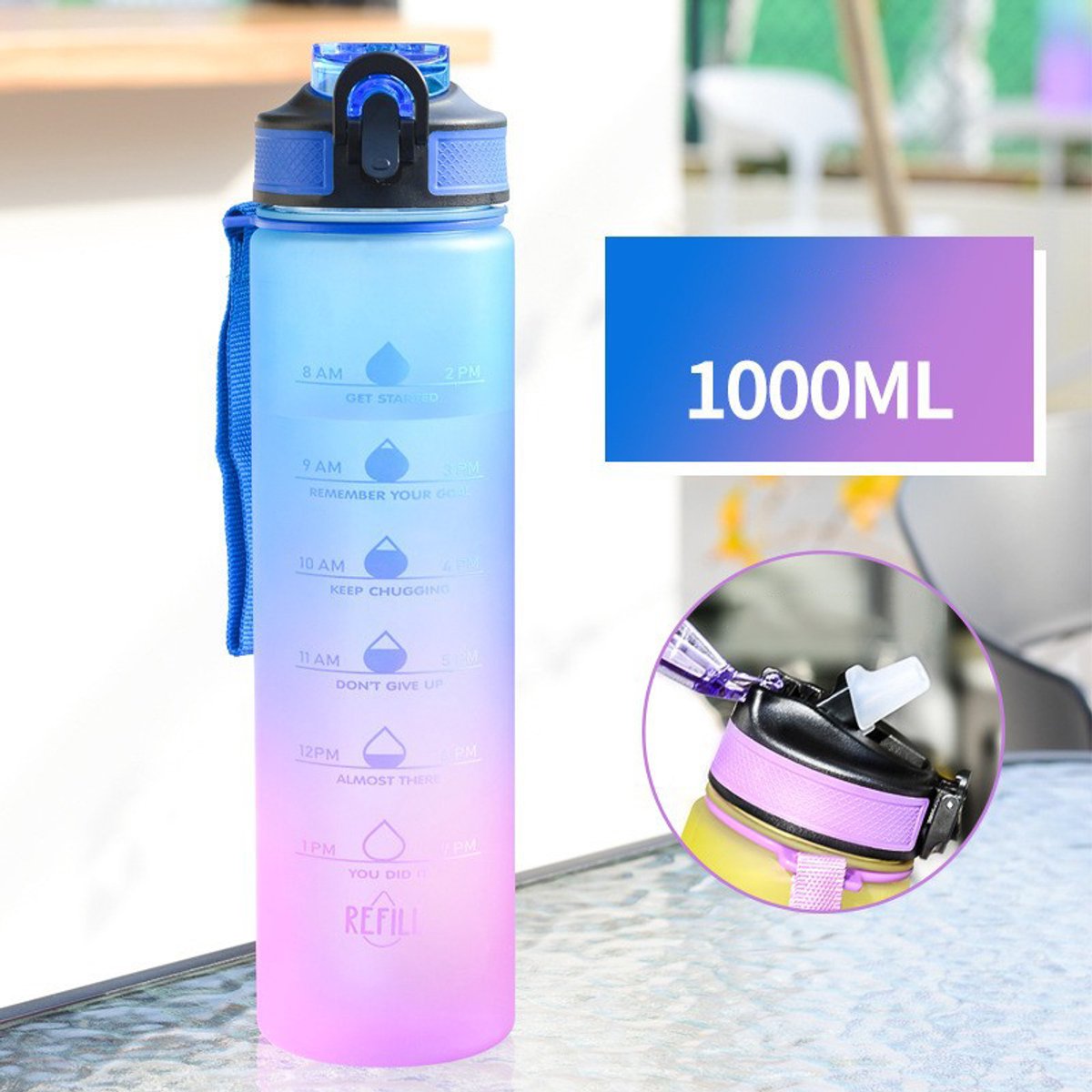 Deze waterfles van 1000 ml heeft een drinktijdindicator en een rietje Hij is voorzien van een handvat is lekvrij BPA-vrij en gifvrij zodat je altijd gehydrateerd blijft Afmetingen 7,5 x 29 cm (Kleurverloop blauw)