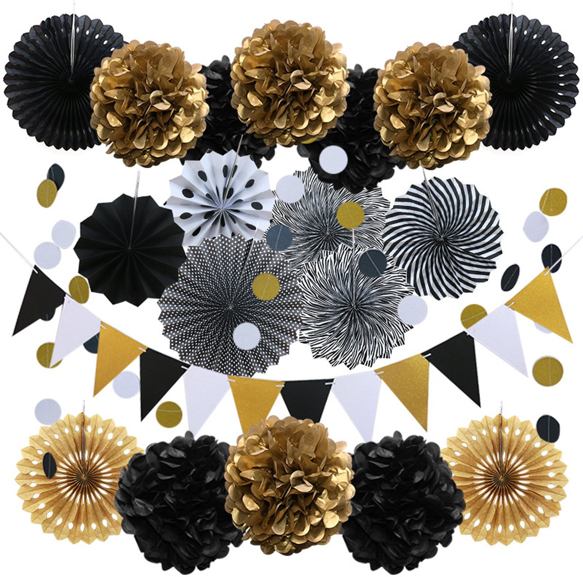 Daity Feestdecoratie-20 stuks zwarte en gouden papieren waaiers-pompons-bloemen-slingers met stippen en driehoekjes-vlaggetjes voor verjaardagsfeesten-afstudeerfeesten-bruiloften en nieuwjaarsdecoratie