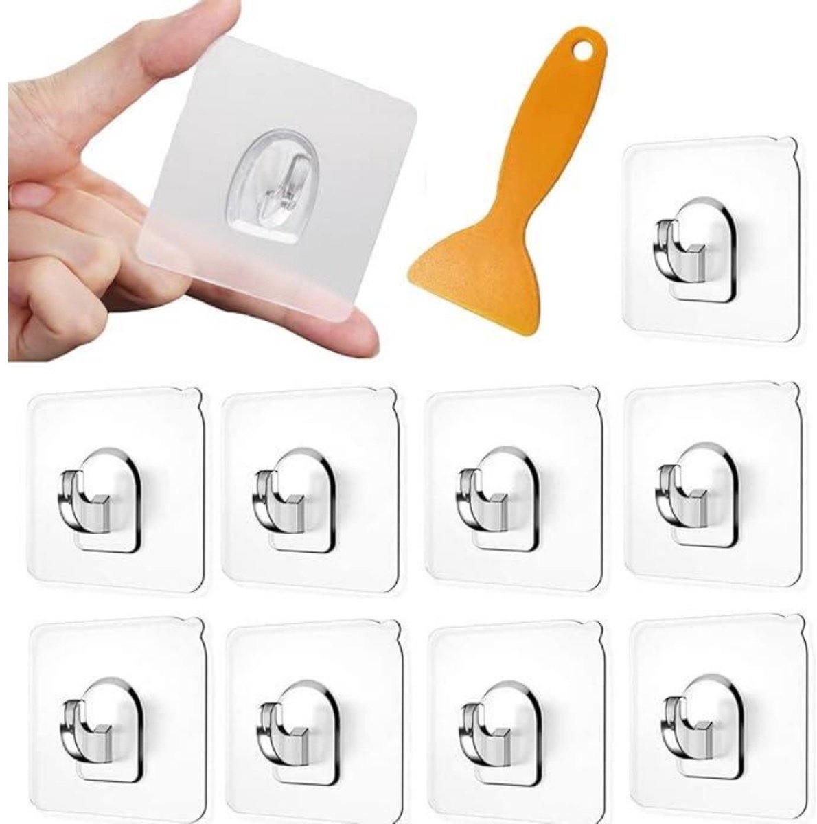 GELLDG 30 Stuks Meerdoelhaak - Transparante Zelfklevende Wandhaken - 6x5,8cm - Versterkte Kleefkracht Waterdicht en Vochtbestendig - Geschikt voor Keuken Bad Kamer en Woonkamer - Kunststof - Incl. Schraper