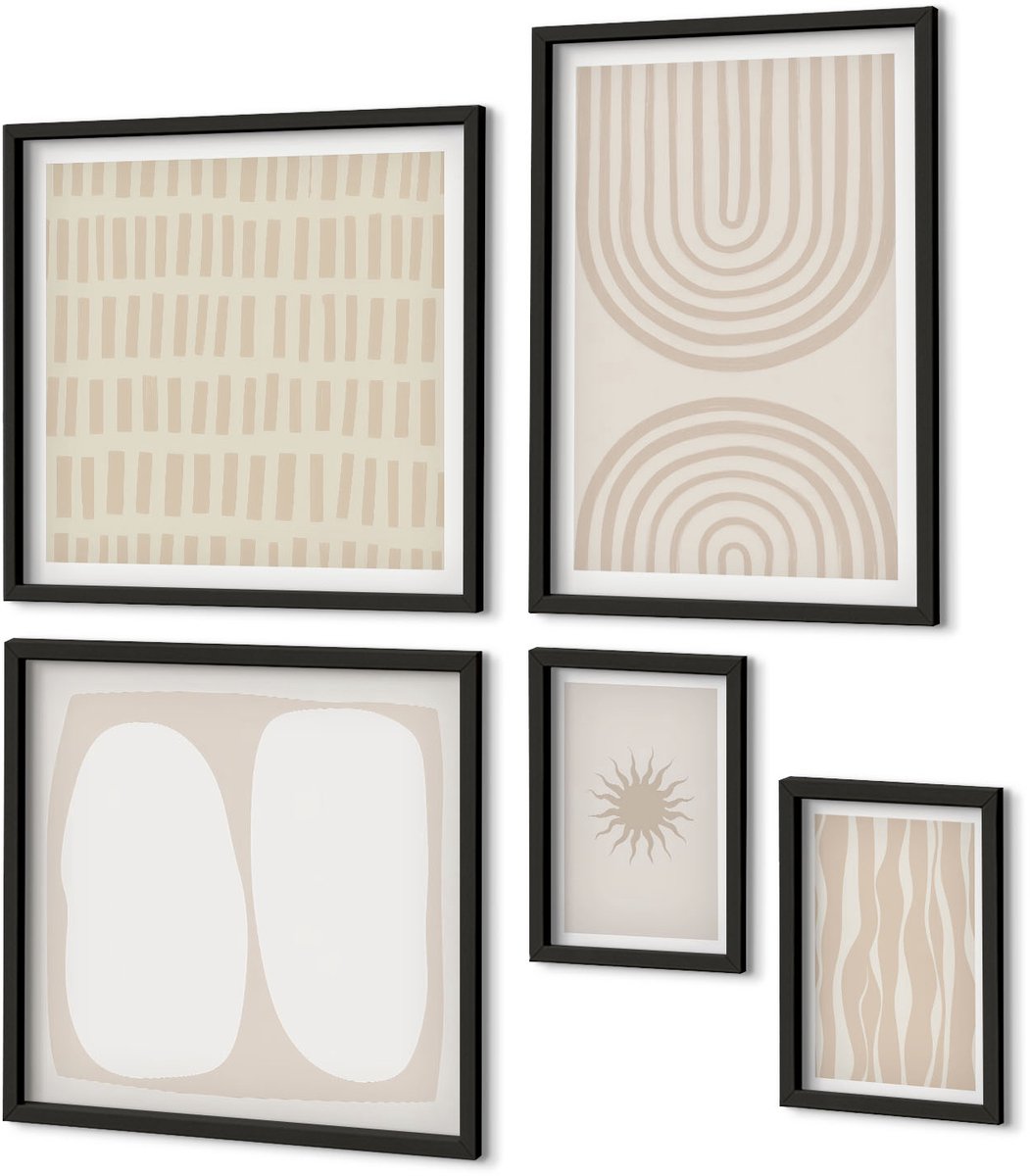 Coloray 5-Delige Schilderij Set - Stijlvolle Abstracte Vormen In Natuurlijke Tinten. - 50 x 50 cm, 20 x 30 cm En 40 x 60 cm - Muurdecoratie - Decoratieve Schilderijen - Wohnzimmer