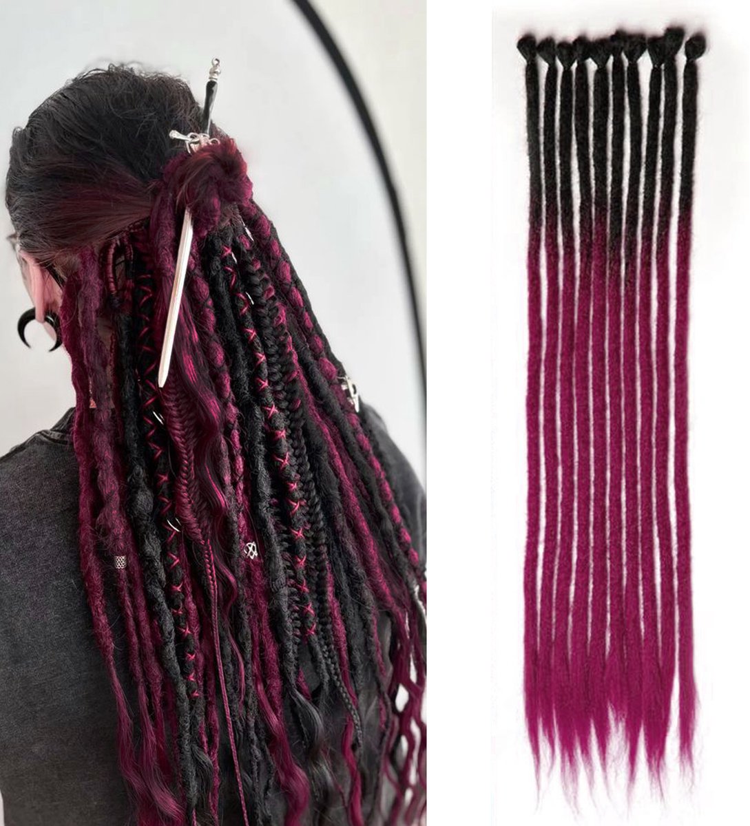 Merkloze Synthetische Dreds Ombre Zwart-Bordeaux 60cm 10 Stuks