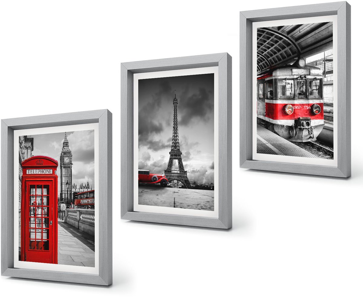 Coloray 4-Delige Schilderij Set - Iconische steden: Londen, Parijs en het spoorvervoer - 20 x 30 cm - Stijlvolle Muurdecoratie - Slaapkamer - Moderne Wanddecoratie Zilveren lijst