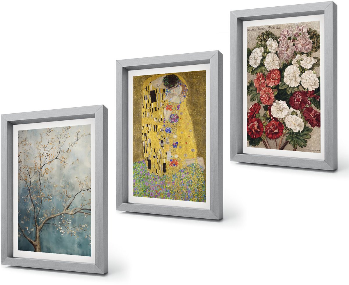 Coloray 4-Delige Schilderij Set - Bloemen en bomen in de schilderstijl van De Kus van Gustav Klimt. - 20 x 30 cm - Moderne Wanddecoratie - Slaapkamer Zilveren lijst