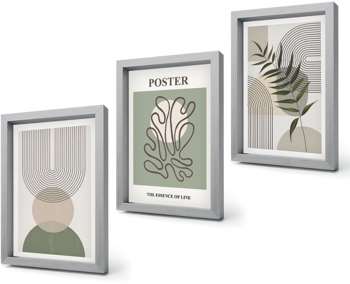 Coloray 4-Delige Schilderij Set - Geometrische abstracte botanische patronen poster - 20 x 30 cm - Muurdecoratie - Decoratieve Schilderijen - Wohnzimmer - Wanddecoratie Zilveren lijst