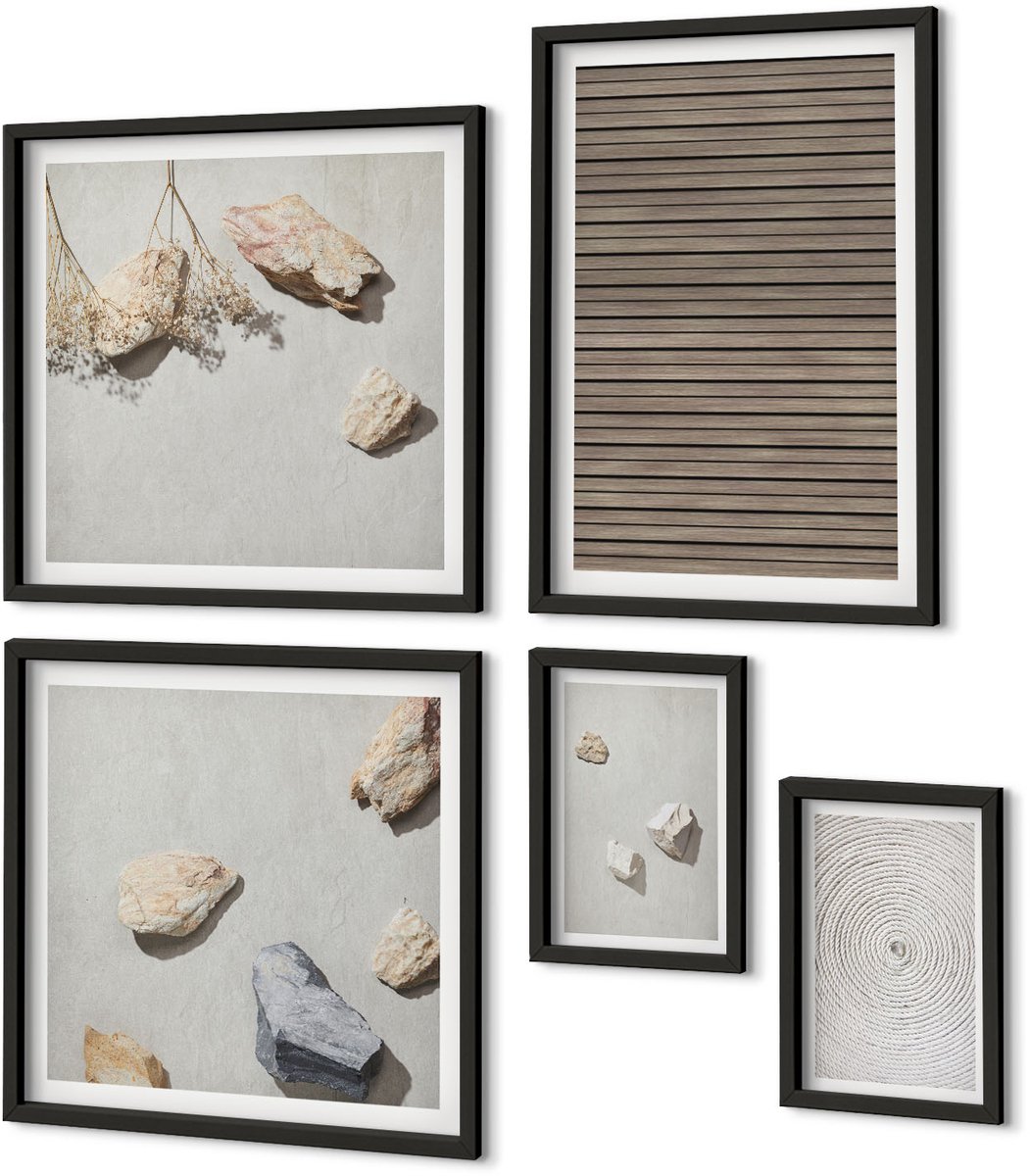 Coloray 5-Delige Schilderij Set - Natuurlijke Texturen: Hout, Stenen, Touw - 50 x 50 cm, 20 x 30 cm En 40 x 60 cm - Stijlvolle Muurdecoratie - Kantoor - Moderne Wanddecoratie