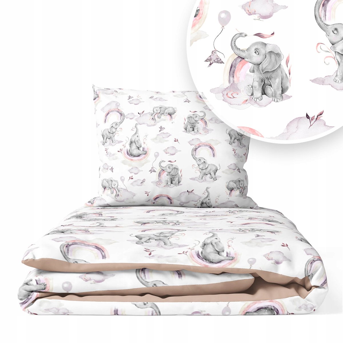 Kinderbeddengoed 2-delig 100x160 cm - Roze Olifanten Regenboog