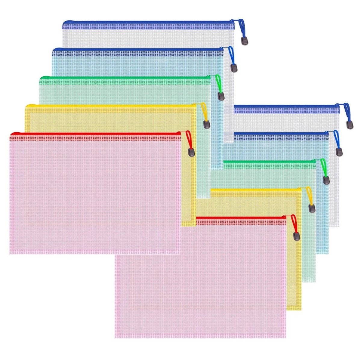GELLDG 10 Stuks Mapklemmen en Ordnerruggen - Mesh Documentenmappen met Rits - 33x24cm - Geschikt voor Papieren, Huiswerk en Reisbenodigdheden - Kunststof