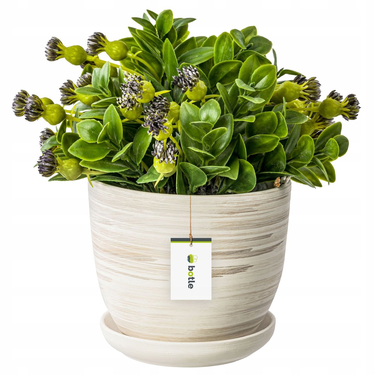 Merkloze keramische pot met Schotel, 16x13 cm, licht beton