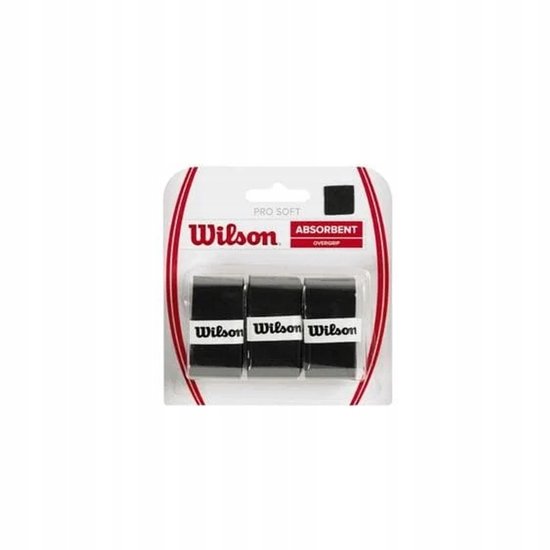 Drie zwarte Wilson Pro Soft overgrips in verpakking.