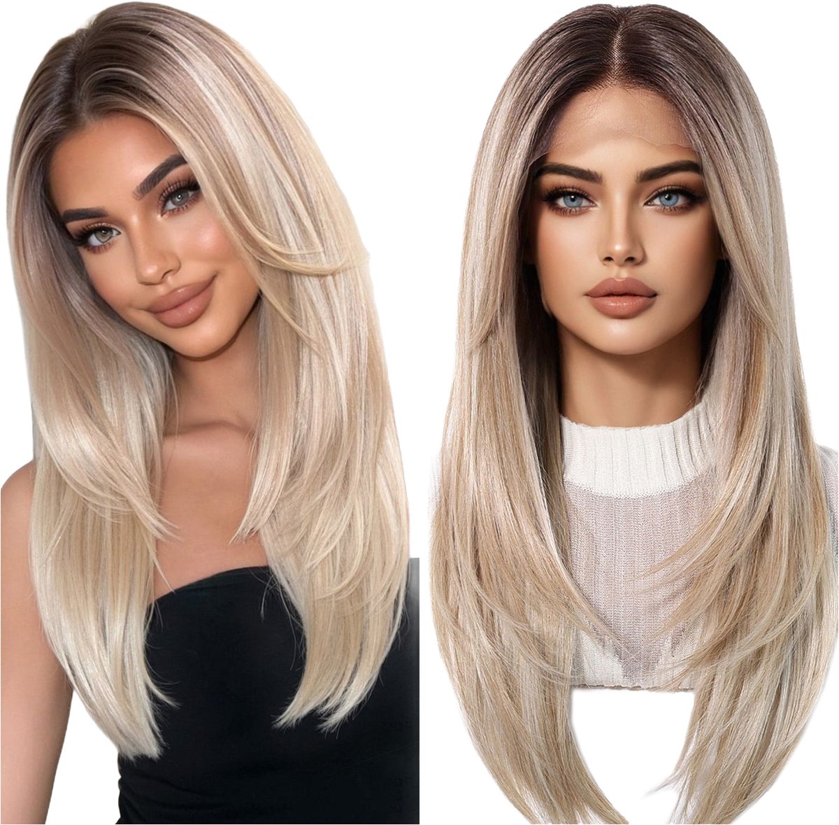 Lange blonde ombre lace front pruik - Natuurlijk effect