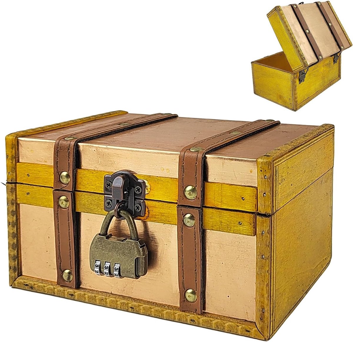 Vintage Houten Schatkist - Origineel Hout - 18 x 11 x 9,8 cm - Met Cijferslot - Voor Sieraden en Kleine Voorwerpen