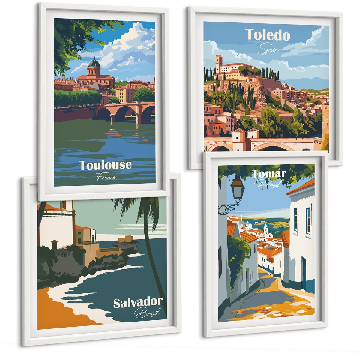 Tulup 4-Delige Schilderij Set - Grafische afbeeldingen van beroemde steden in retrostijl - 40x40 en 40x60 - Stijlvolle Wanddecoratie - Interieur - Muurdecoratie