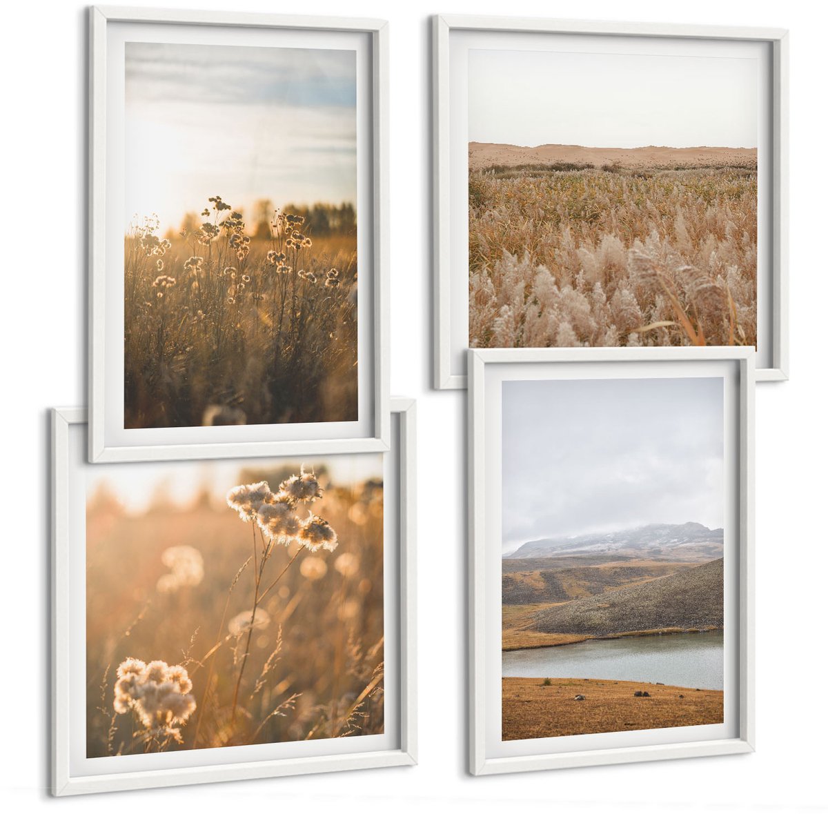 Tulup 4-Delige Schilderij Set - Landschappen met weilanden, bergen en een meer op de achtergrond. - 40x40 en 40x60 - Wanddecoratie - Muurdecoratie - Moderne Interieurdecoratie - Interieur Decoratie