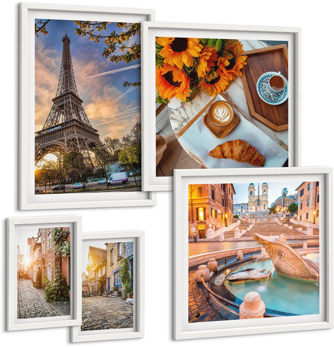Tulup 4-Delige Schilderij Set - Sfeervolle, charmante uitzichten op Europese steden en cafés. - 50 x 50 cm, 20 x 30 cm en 40 x 60 cm - Decoratieve Schilderijen - Woonkamer - Interieur - Muurdecoratie