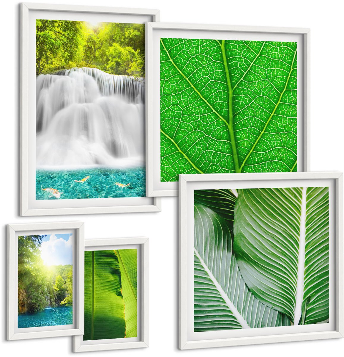 Tulup 4-Delige Schilderij Set - Tropische landschappen met watervallen en palmbladeren - 50 x 50 cm, 20 x 30 cm en 40 x 60 cm - Schilderijen Set - Wanddecoratie - Woonkamer - Interieur Decoratie