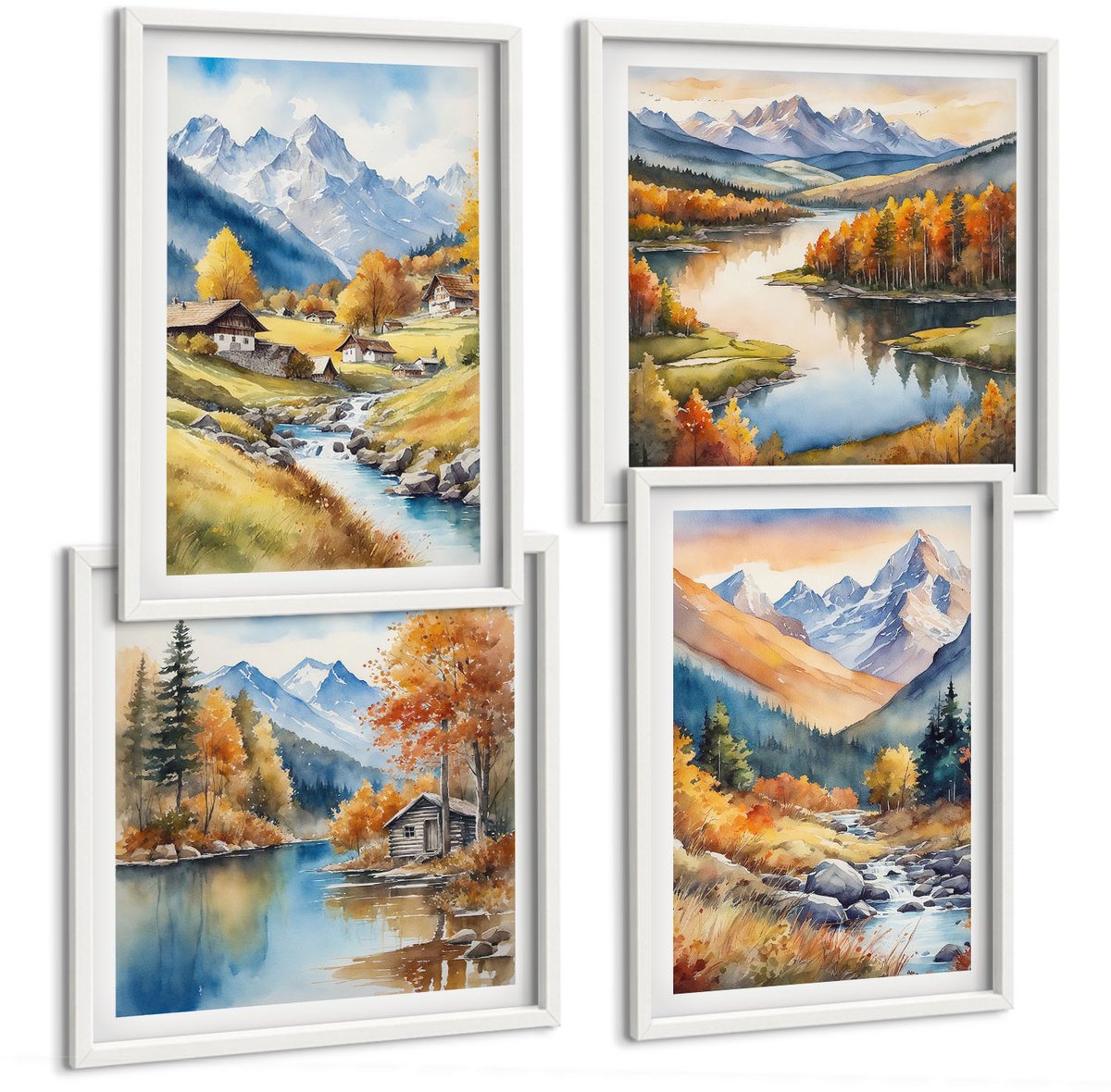 Tulup 4-Delige Schilderij Set - Herfstlandschappen in een pittoreske stijl - 40x40 en 40x60 - Muurdecoratie - Decoratieve Schilderijen - Wohnzimmer