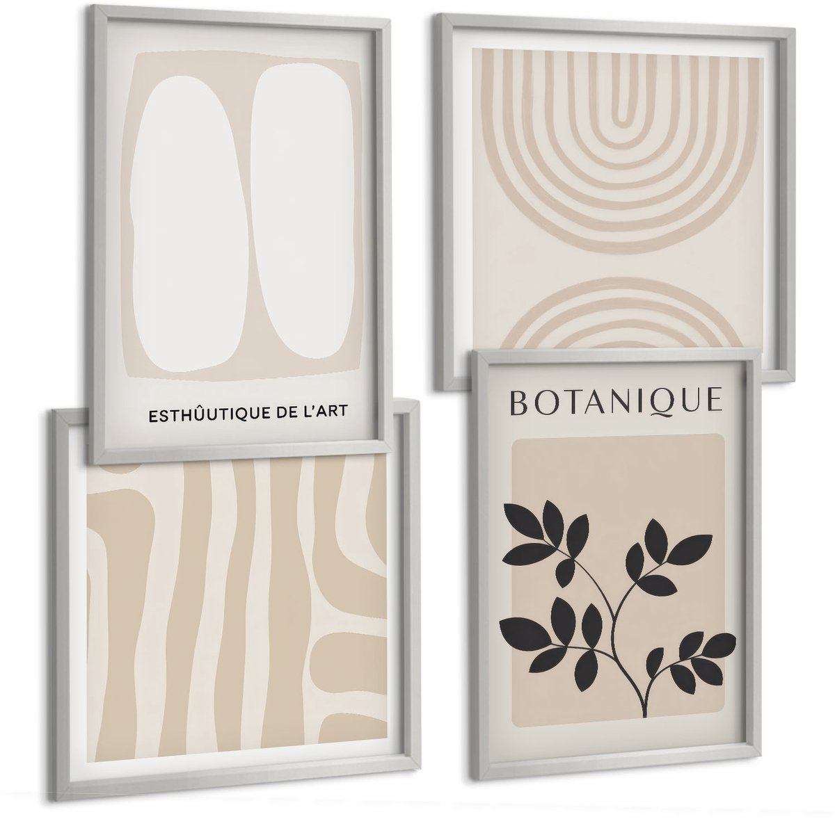 TULUP 4-Delige Schilderij Set - Boho Delicate Posters Abstracte Plantenmotieven - 40 x 40 cm en 40 x 60 cm - Wanddecoratie - Schilderijen Set - Kantoor - Interieur Decoratie Zilveren lijst