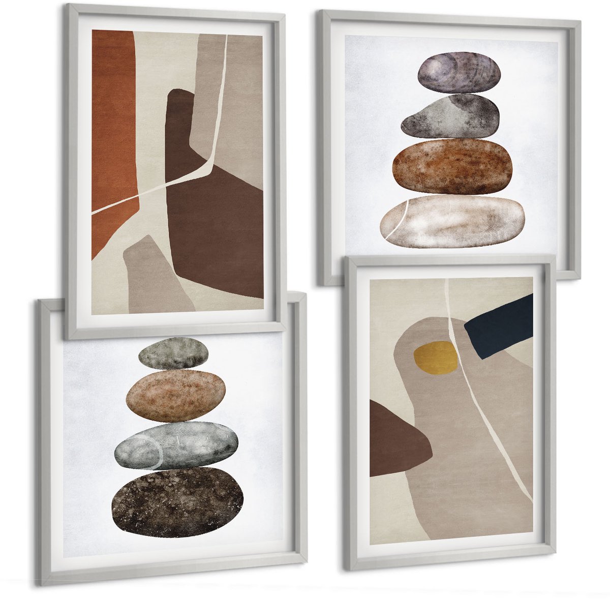 TULUP 4-Delige Schilderij Set - Abstracte boho-schildervormen in moderne stijl - 40 x 40 cm en 40 x 60 cm - Moderne Wanddecoratie - Slaapkamer - Muurdecoratie Zilveren lijst