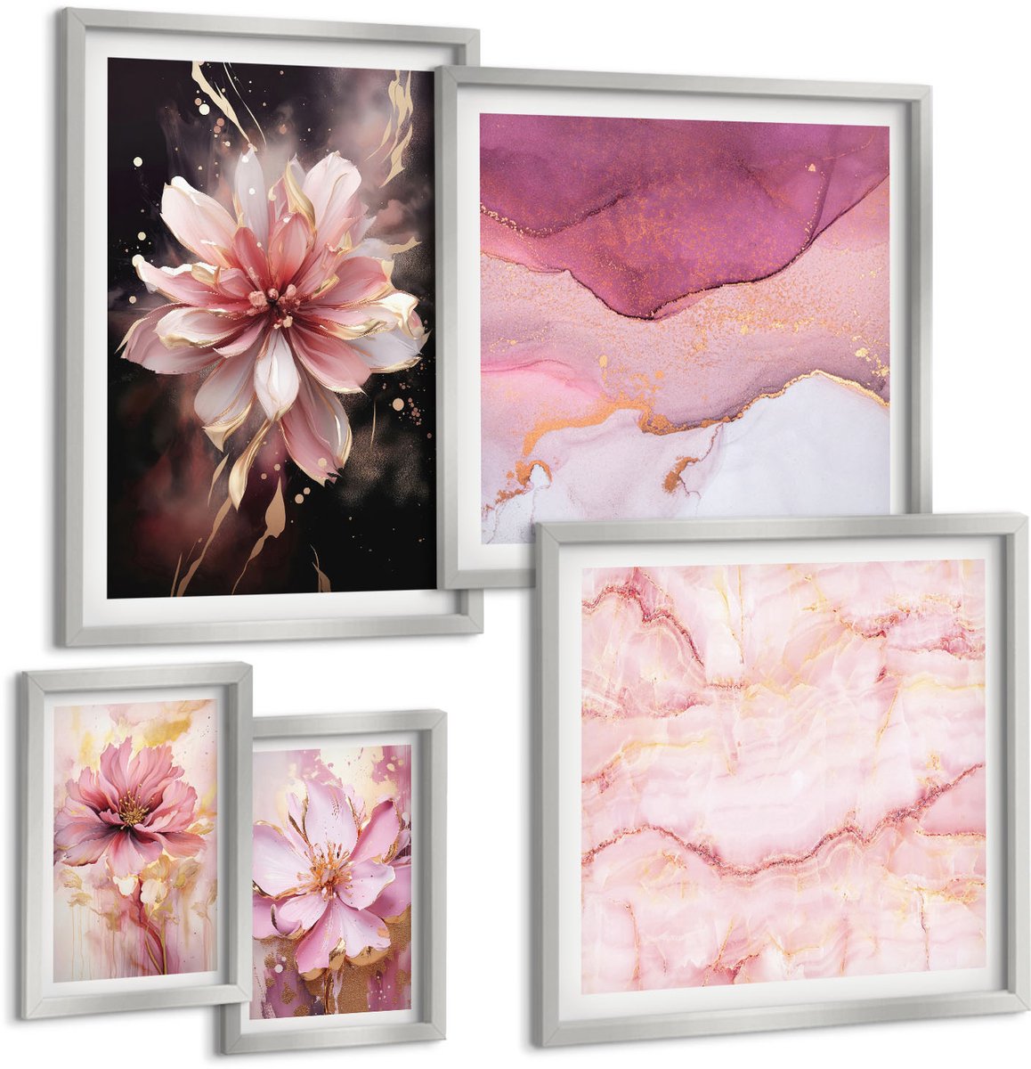 TULUP 4-Delige Schilderij Set - Bloemencomposities in delicate roze tinten - 50 x 50 cm, 20 x 30 cm en 40 x 60 cm - Muurdecoratie - Wanddecoratie - Slaapkamer - Decoratieve Schilderijen Zilveren lijst
