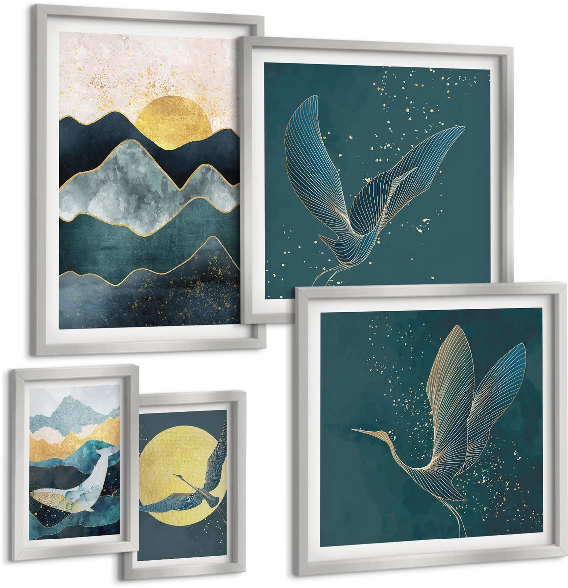 TULUP 4-Delige Schilderij Set - Stijlvolle berglandschappen met vogels en zon. - 50 x 50 cm, 20 x 30 cm en 40 x 60 cm - Moderne Wanddecoratie - Woonkamer Zilveren lijst