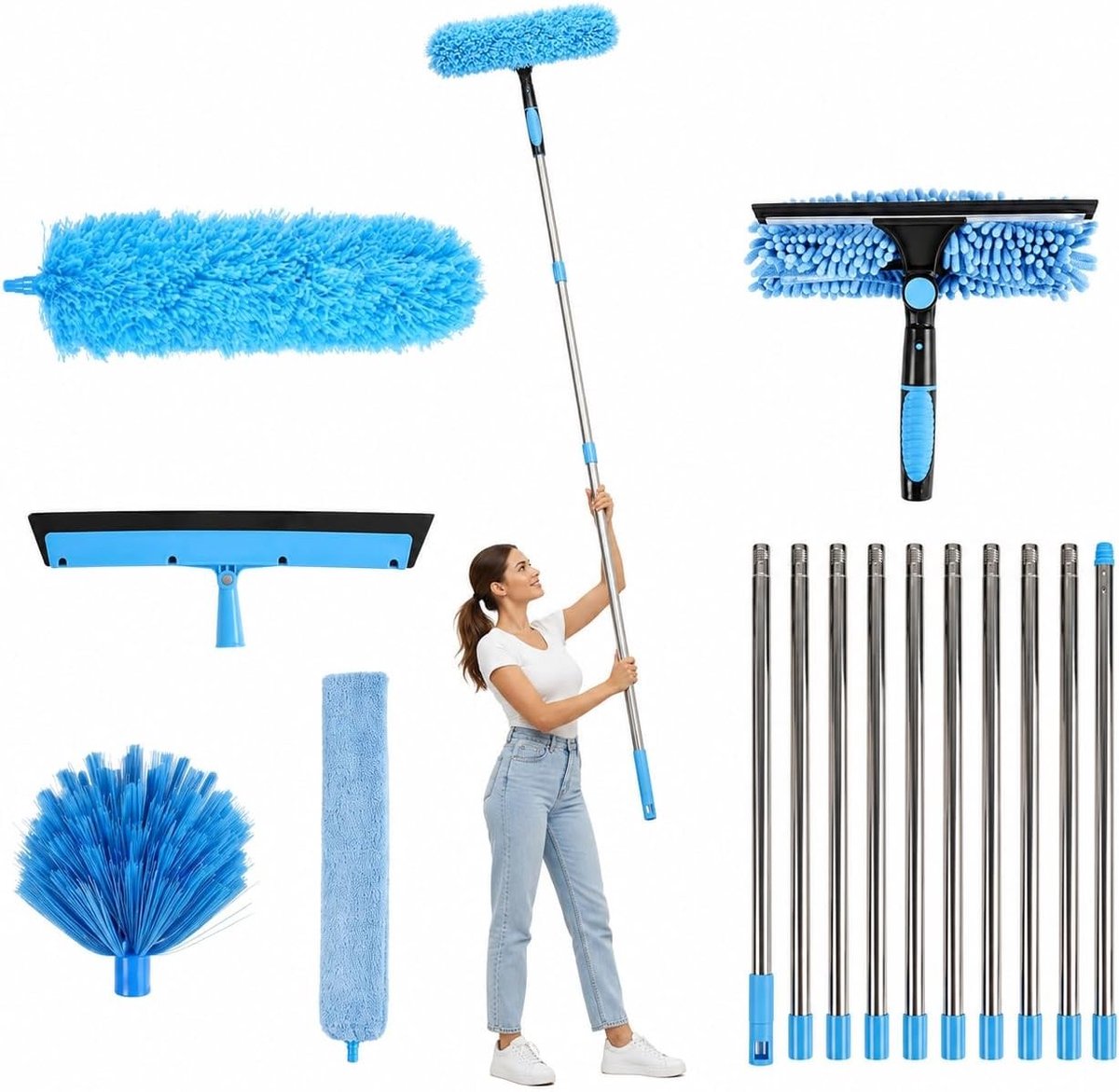 Telescopische Raamreiniger - Blauw - 24-454 cm - 5-in-1 Reinigingsset met Draaibare Kop - Voor Ramen en Glazen Daken