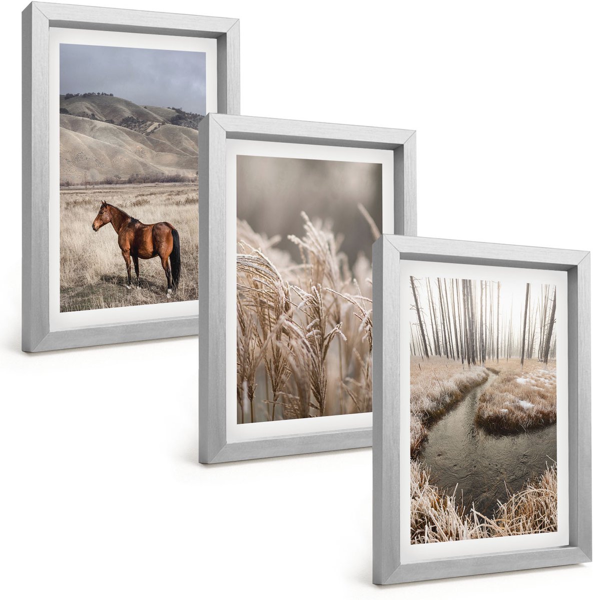 Tulup 4-Delige Schilderij Set - Paarden in een landschap met grassen en een winterbeek. - 20 x 30 cm - Wanddecoratie - Muurdecoratie - Woonkamer
