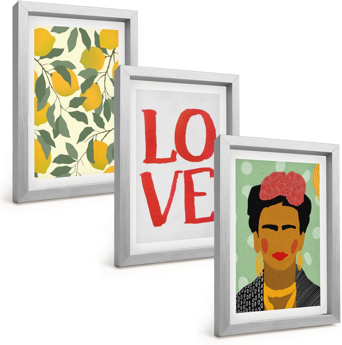 Tulup 4-Delige Schilderij Set - Citroenen Liefde Lettering Geschilderd Portret van Frida Kahlo - 20 x 30 cm - Stijlvolle Wanddecoratie - Interieur