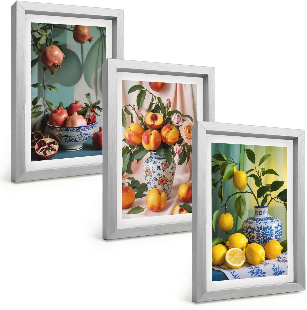 Tulup 4-Delige Schilderij Set - Granaatappels, perziken en citroenen in vazen - 20 x 30 cm - Stijlvolle Wanddecoratie - Interieur - Muurdecoratie