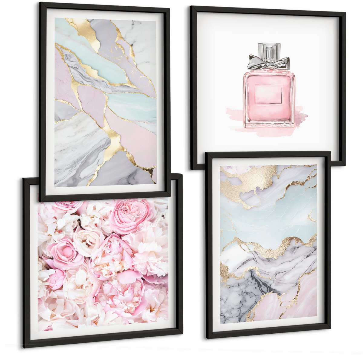 Tulup 4-Delige Schilderij Set - Roze bloemen met marmer- en pastelpatronen - 40 x 40 cm en 40 x 60 cm - Wanddecoratie - Muurdecoratie - Woonkamer