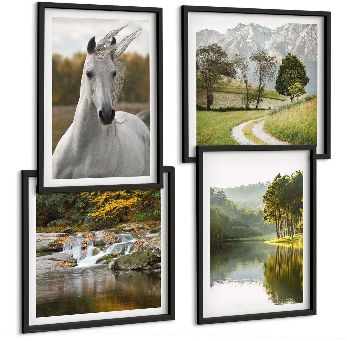 Tulup 4-Delige Schilderij Set - Witte paarden aan de rivier - Natuurlandschap - 40 x 40 cm en 40 x 60 cm - Schilderijen Set - Wanddecoratie - Woonkamer - Woonkamer Decoratie