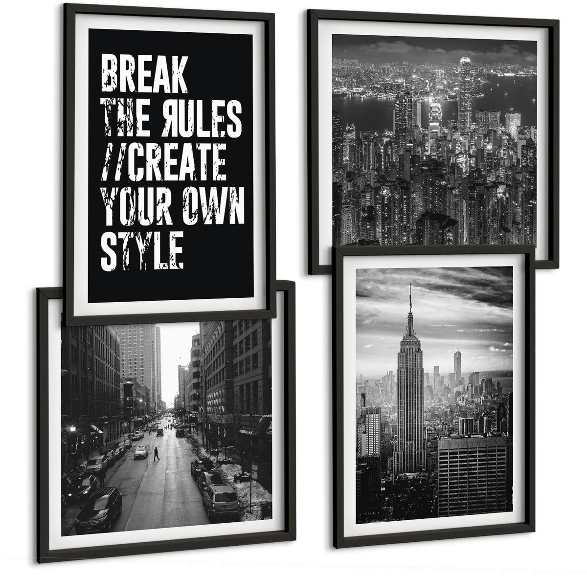 Tulup 4-Delige Schilderij Set - Stadsstraten in zwart-wit met inspirerende letters - 40 x 40 cm en 40 x 60 cm - Muurdecoratie - Schilderijen Set - Woonkamer - Decoratieve Schilderijen