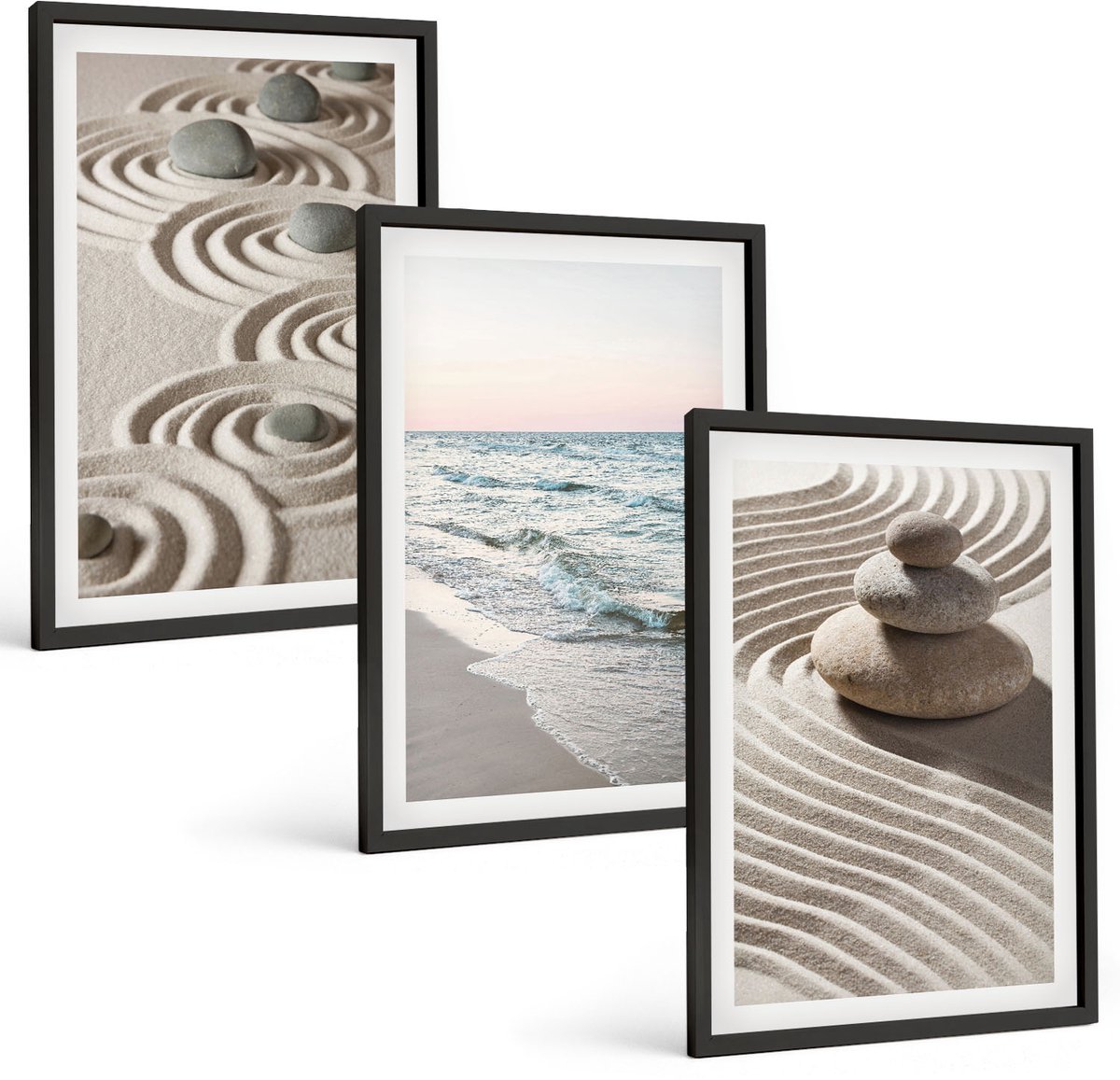 Tulup 4-Delige Schilderij Set - Rustig zand en kabbelend water met kiezels op het strand. - 40 x 60 cm - Stijlvolle Wanddecoratie - Interieur - Muurdecoratie