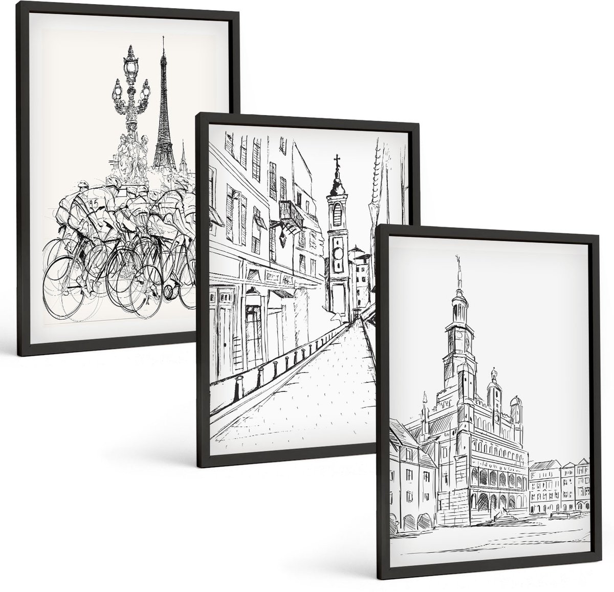 Tulup 4-Delige Schilderij Set - Eenvoudige tekeningen van stadsgezichten - 40 x 60 cm - Muurdecoratie - Wanddecoratie - Slaapkamer