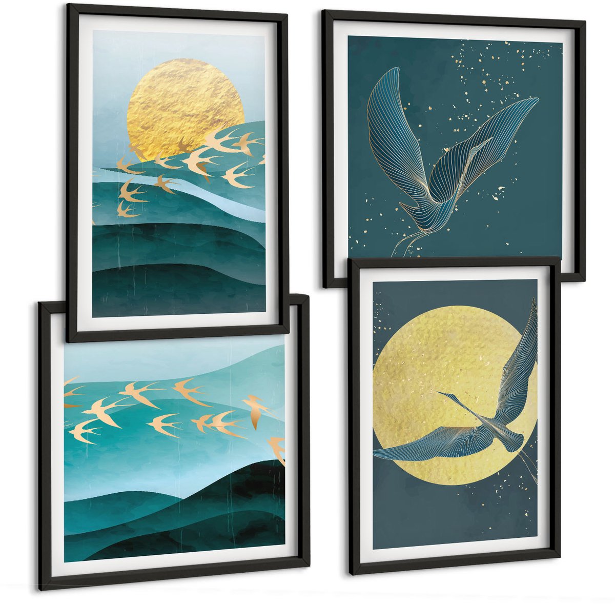 Tulup 4-Delige Schilderij Set - Stijlvolle abstracte landschappen met vogels - 40 x 40 cm en 40 x 60 cm - Stijlvolle Wanddecoratie - Interieur - Decoratieve Schilderijen