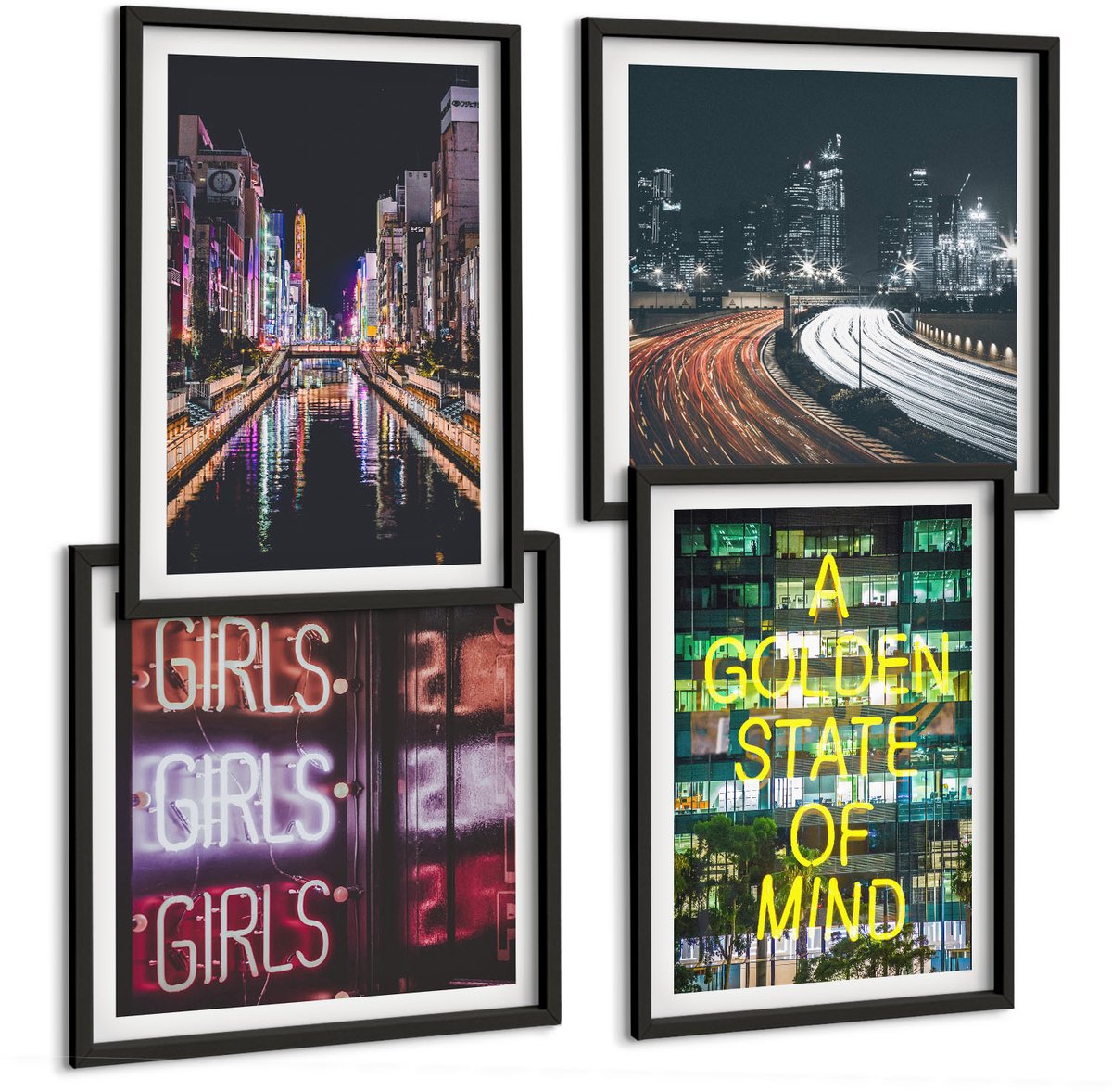 Tulup 4-Delige Schilderij Set - Neonreclames van de stad 's nachts Stadsgezichten - 40 x 40 cm en 40 x 60 cm - Wanddecoratie - Muurdecoratie - Moderne Interieurdecoratie