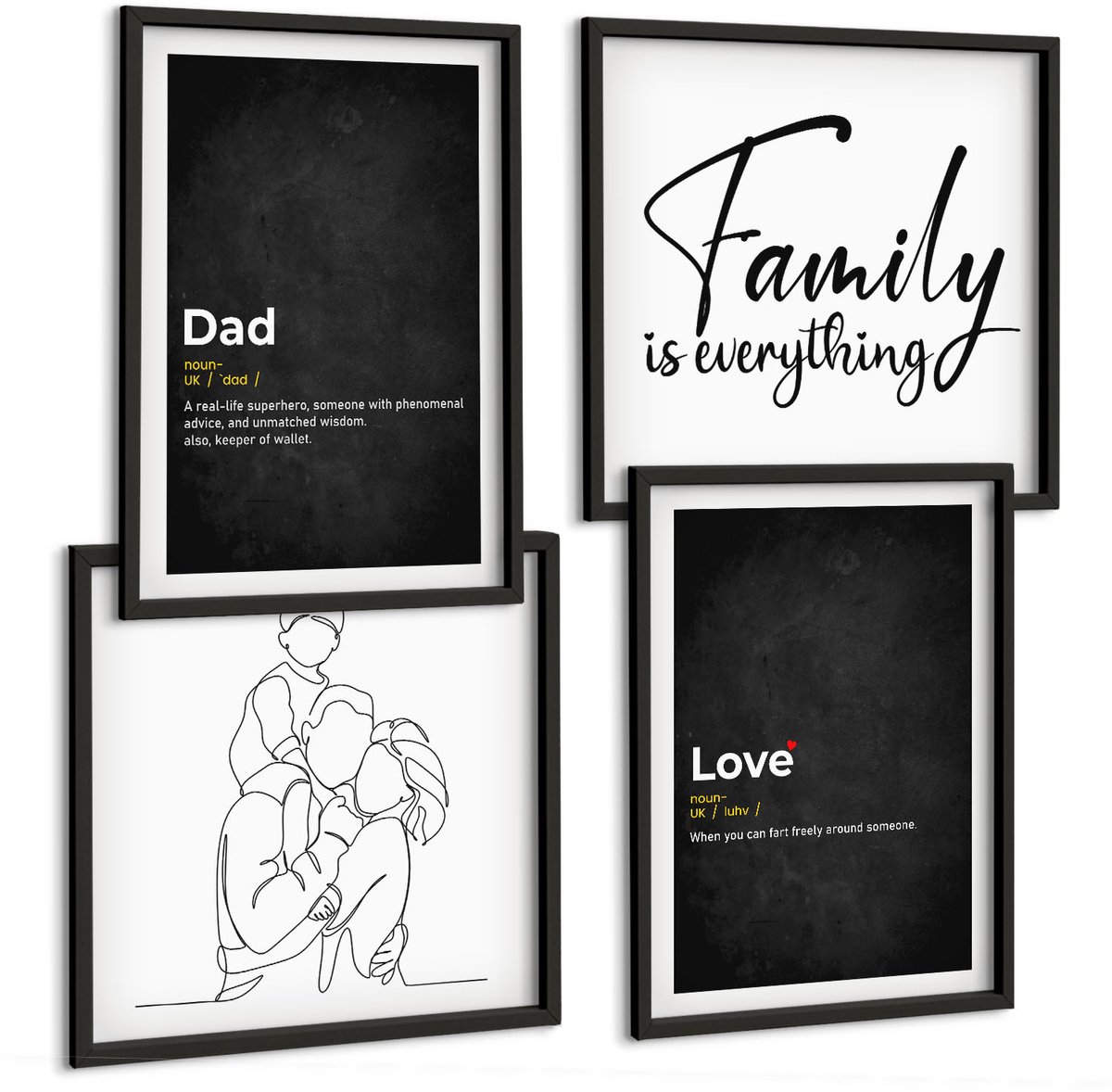 Tulup 4-Delige Schilderij Set - Familielijnkunst met definities van liefde en vaderschap. - 40 x 40 cm en 40 x 60 cm - Stijlvolle Muurdecoratie - Kantoor - Wanddecoratie