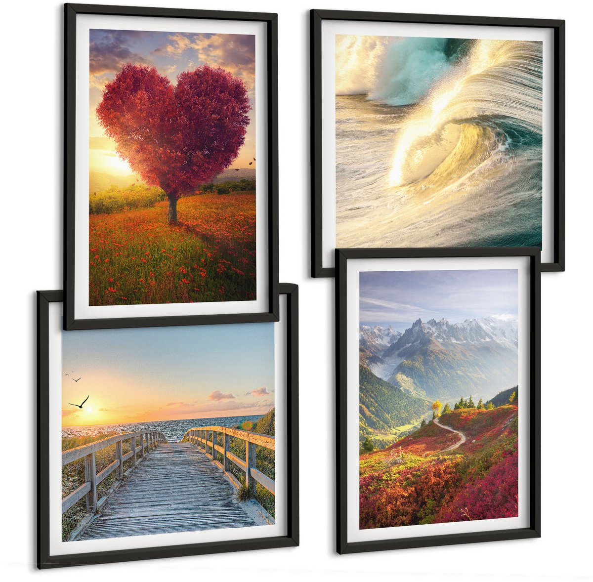 Tulup 4-Delige Schilderij Set - Berglandschappen Golven Hartvormige boompier - 40 x 40 cm en 40 x 60 cm - Wanddecoratie - Moderne Interieurdecoratie