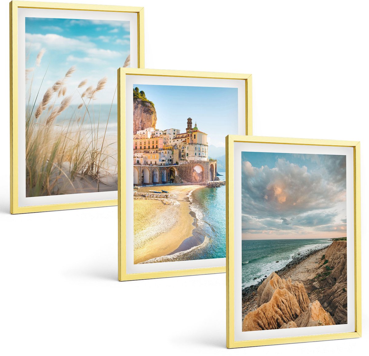 TULUP 4-Delige Schilderij Set - Kustlandschappen met strand, stad en kliffen - 40 x 60 cm - Muurdecoratie - Wanddecoratie - Slaapkamer - Interieur Decoratie Gouden lijst