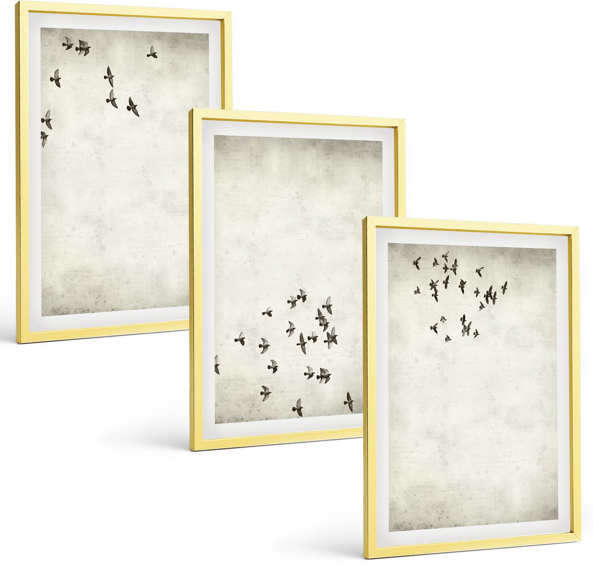 TULUP 4-Delige Schilderij Set - Minimalistisch schilderij van vliegende vogels - 40 x 60 cm - Wanddecoratie - Muurdecoratie - Woonkamer Gouden lijst