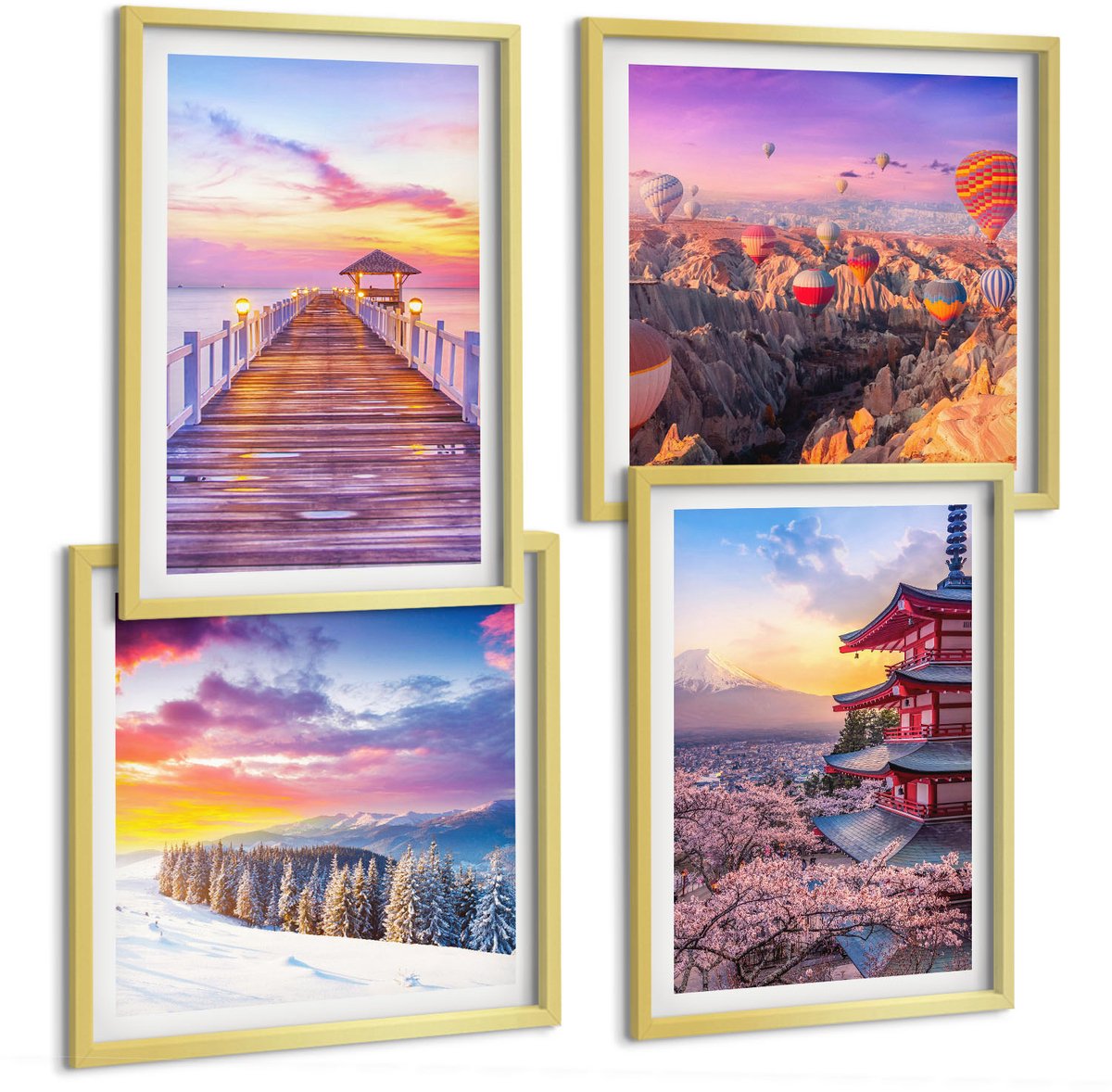 TULUP 4-Delige Schilderij Set - Romantische landschappen met schilderachtige luchten - 40 x 40 cm en 40 x 60 cm - Decoratieve Schilderijen - Wanddecoratie - Hal Gouden lijst