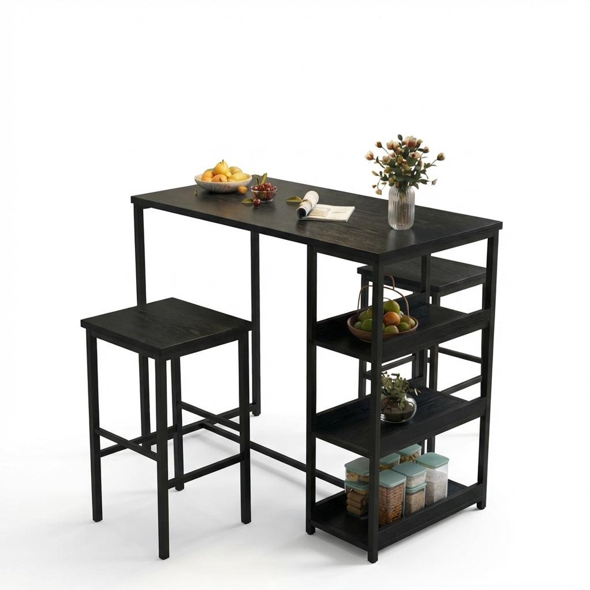 Ruimtebesparende 3‑delige bartafel‑eetset voor 2 personen – pubtafel met opbergplanken + 2 barkrukken – industrieel metaal en hout