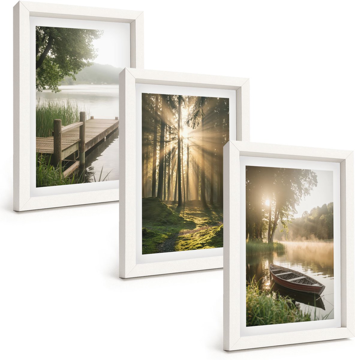 Tulup 3-Delige Schilderij Set - Rustig meer, bos en boot in de ochtendmist - 20x30 - Wanddecoratie - Schilderijen Set - Interieur - Woonkamer Decoratie