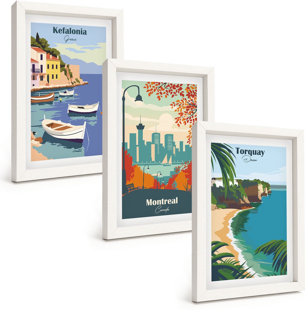 Tulup 3-Delige Schilderij Set - Stadsgezichten en landschappen uit Griekenland, Canada en Australië - 20x30 - Wanddecoratie - Muurdecoratie - Woonkamer - Decoratieve Schilderijen